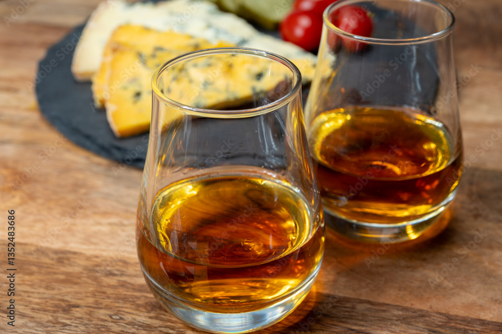 Whiskey and cheese pairing, tasting whisky glasses and plate with sliced crumbly old blue stilton and blue shropshire cheeses, Great Britain food and drink Whiskey and cheese pairing, tasting whisky glasses and plate with sliced crumbly old blue stilton and blue shropshire cheeses, Great Britain food and drink