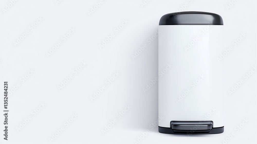 Modern white trash can with a black lid, isolated on a white background, perfect for minimalistic interior settings. Modern white trash can with a black lid, isolated on a white background, perfect for minimalistic interior settings.