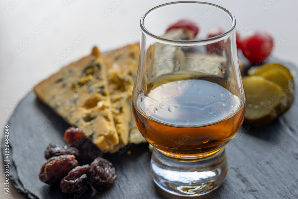 Whiskey and cheese pairing, tasting whisky glass and plate with sliced blue stilton and blue shropshire cheeses, Great Britain food and drink Whiskey and cheese pairing, tasting whisky glass and plate with sliced blue stilton and blue shropshire cheeses, Great Britain food and drink