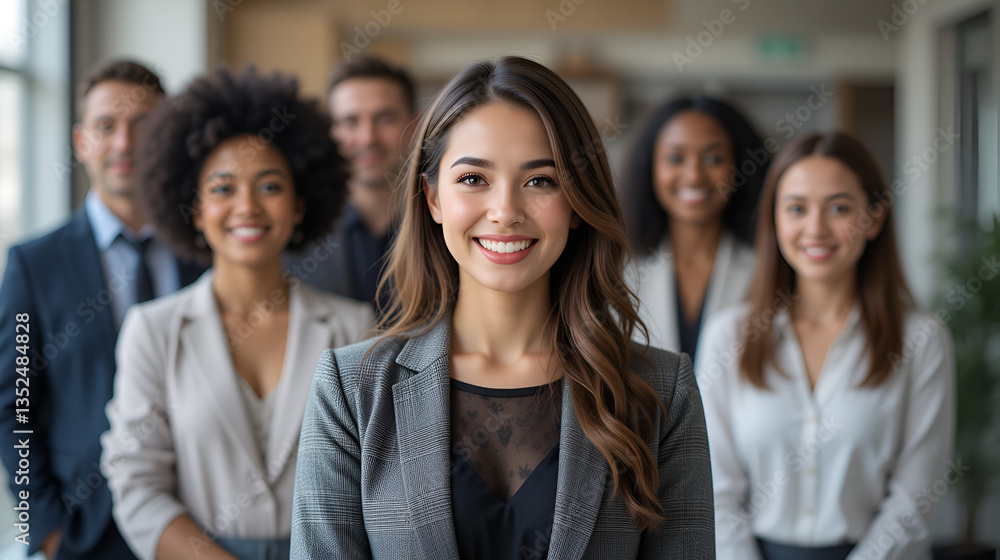Confident Businesswoman Smiling Front and Center with Team in the Background Confident Businesswoman Smiling Front and Center with Team in the Background