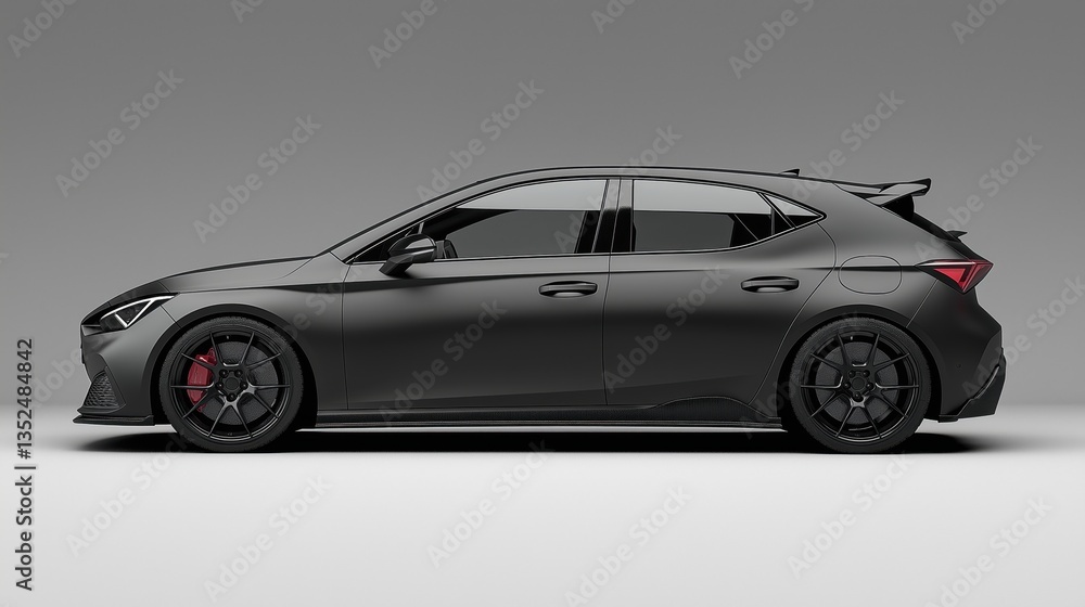 dark gray metallic hatchback car, rendered in photorealistic style with highly reflective surfaces dark gray metallic hatchback car, rendered in photorealistic style with highly reflective surfaces