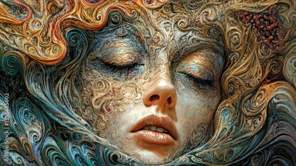 Intricate portrait of a serene woman surrounded by swirling colors and patterns in an artistic representation Intricate portrait of a serene woman surrounded by swirling colors and patterns in an artistic representation