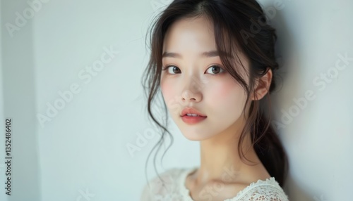 Asian Korean woman portrait in studio. Beautiful girl with natural beauty, healthy skin and delicate makeup. Attractive female with fresh look, long dark hair. Facial close up.
