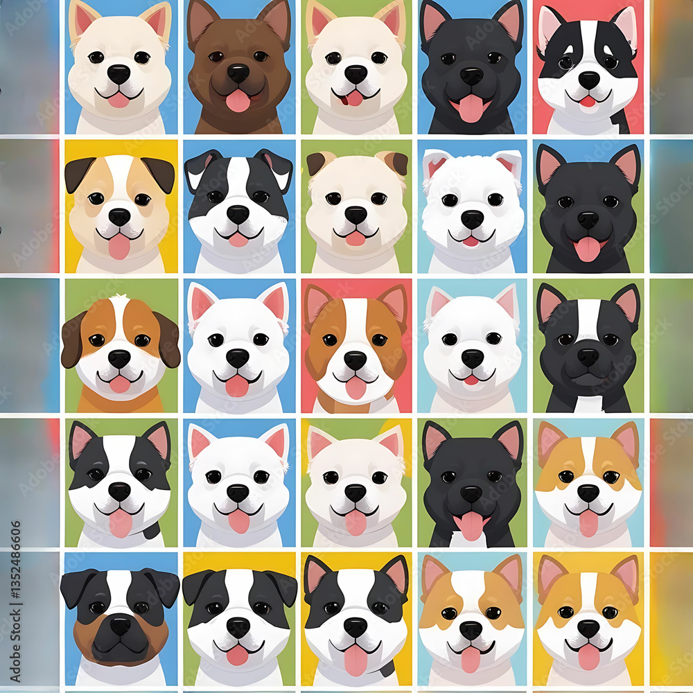 Fototapeta premium Variety of Dogs,Popular Dog Breeds,Cute and smile dog heads doodle vector set. Comic happy dog faces character design of corgi, beagle and Cute facial expression icon of the dog.