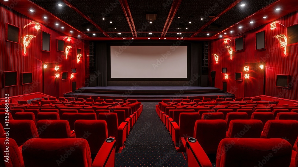 Fototapeta premium Red-themed cinema interior with vibrant decor, plush seating, and a cinematic atmosphere, capturing the essence of a modern movie theater experience with a bold and energetic design.