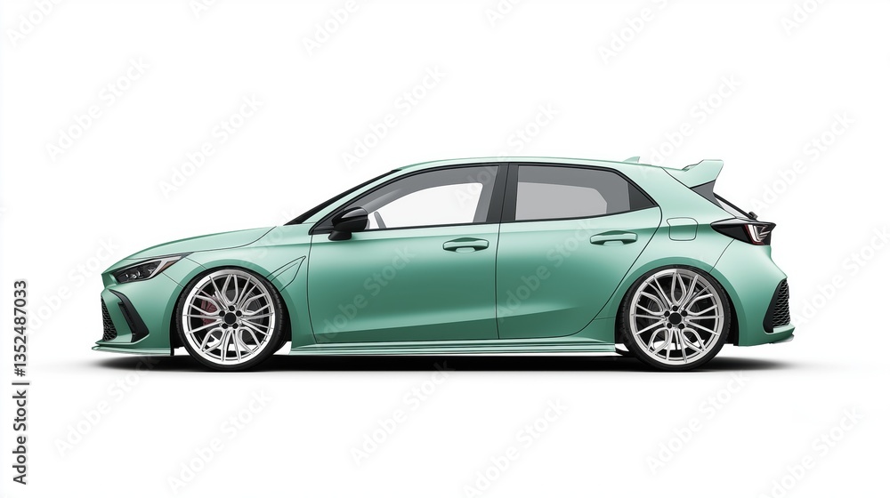 Fototapeta premium green pastel hatchback car, rendered in photorealistic style with highly reflective surfaces