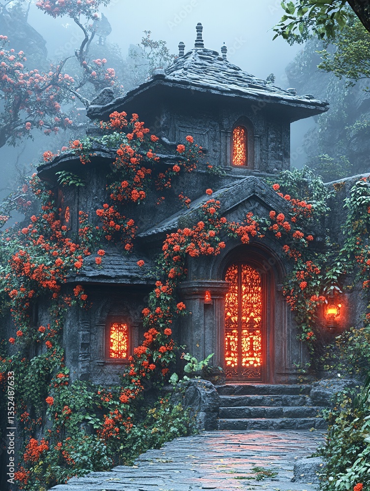Obraz premium Stone house nestled amongst lush plants and red flowers in a misty environment