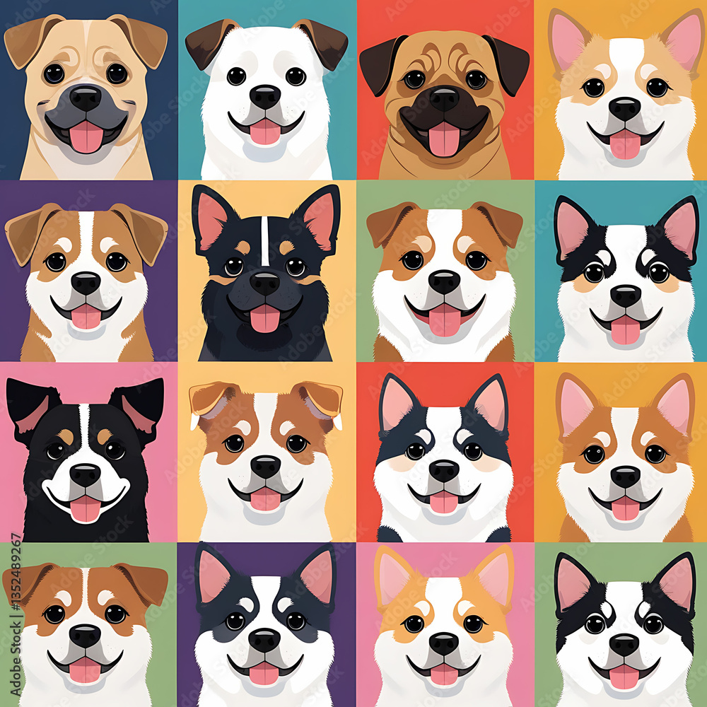 Obraz premium Variety of Dogs,Popular Dog Breeds,Cute and smile dog heads doodle vector set. Comic happy dog faces character design of corgi, beagle and Cute facial expression icon of the dog.