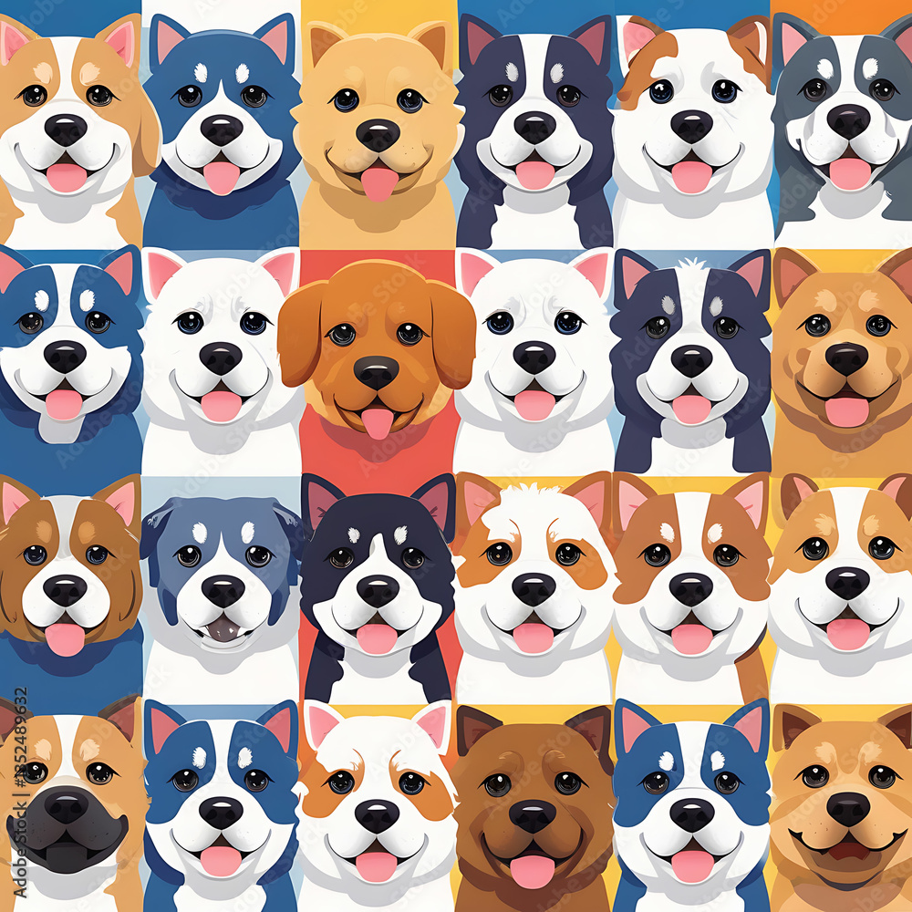 Obraz premium Variety of Dogs,Popular Dog Breeds,Cute and smile dog heads doodle vector set. Comic happy dog faces character design of corgi, beagle and Cute facial expression icon of the dog.