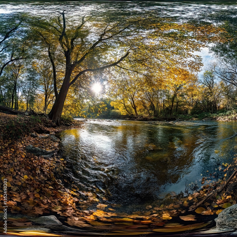 A serene autumn river scene captured in a 360° panorama, showcasing vibrant foliage and sunlight filtering through trees. A serene autumn river scene captured in a 360° panorama, showcasing vibrant foliage and sunlight filtering through trees.