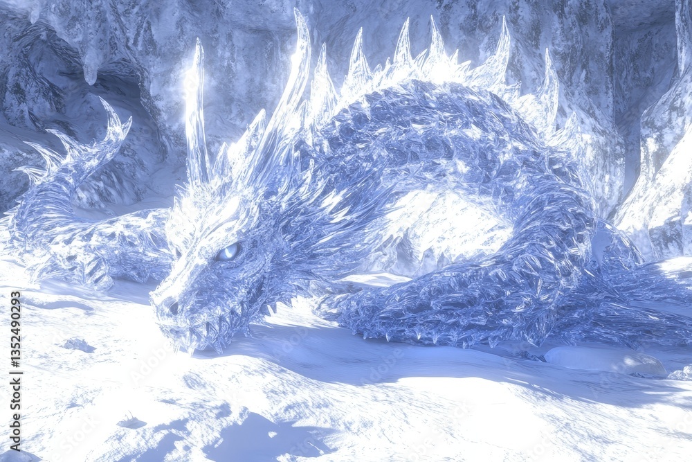 Obraz premium A majestic icy dragon rests peacefully inside a cold cave