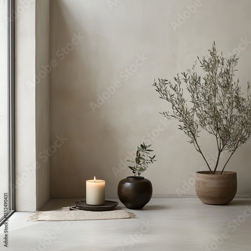 A serene minimalist interior featuring a candle, plants, and neutral tones. -