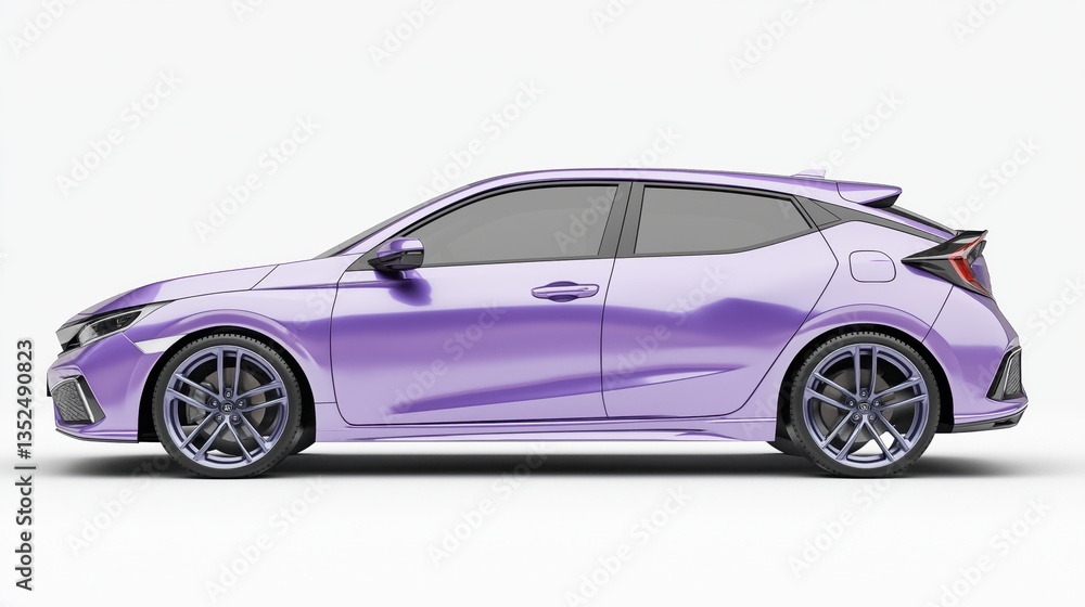 Naklejka premium Lilac hatchback car, rendered in photorealistic style with highly reflective surfaces