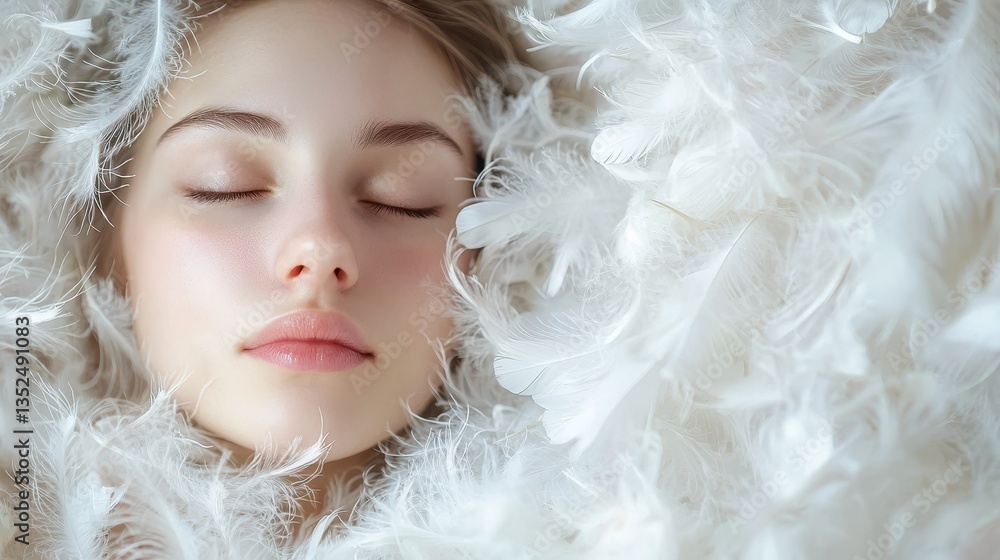 Serene beauty: A woman's tranquil face surrounded by soft white feathers evokes peace, purity, and delicate dreams, inviting relaxation. Serene beauty: A woman's tranquil face surrounded by soft white feathers evokes peace, purity, and delicate dreams, inviting relaxation.