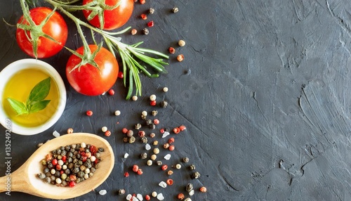 Food background, spices, tomatoes and oil on a black background, web banner with free space for text. High quality photo