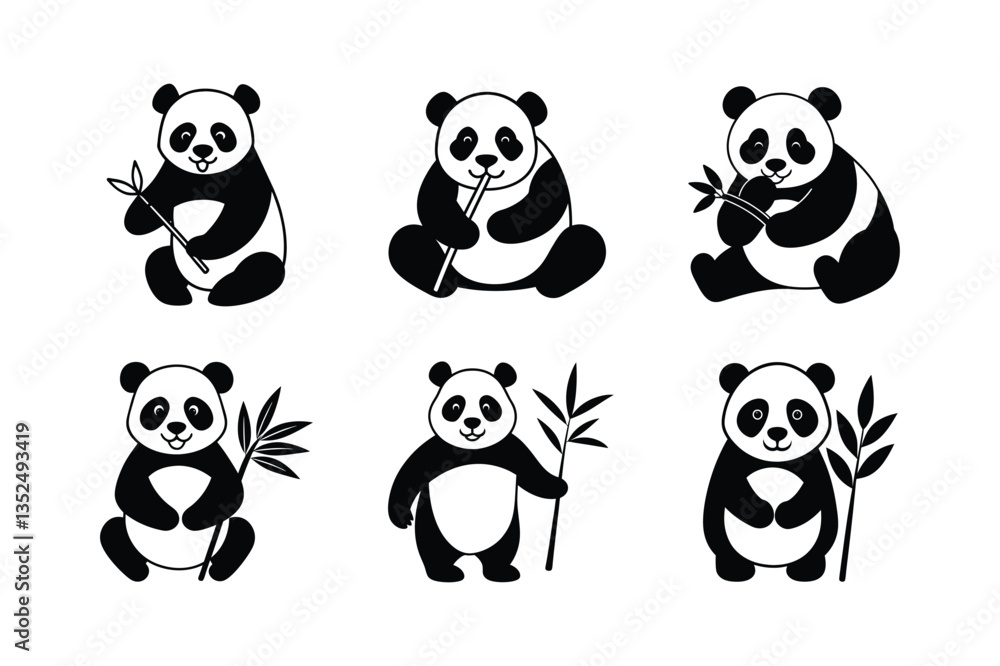 Obraz premium set of panda eating bamboo vector silhouette