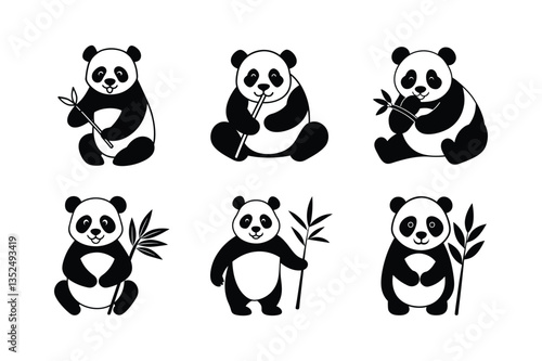 set of panda eating bamboo vector silhouette