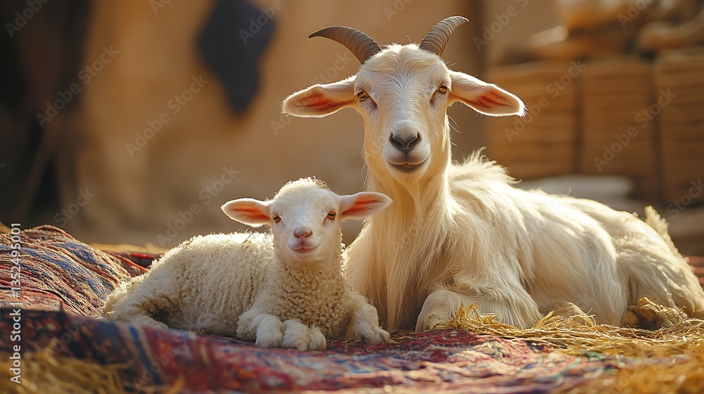 Fototapeta premium Goat and kid resting on carpet in natural setting