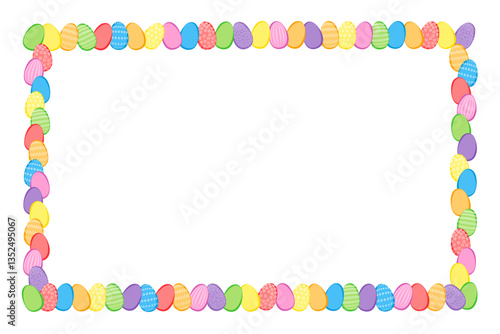 Colorful Easter eggs forming a decorative border, with empty space in the center for text and images. Rectangular frame made of numerous multi colored Paschal eggs, some with decorative patterns.