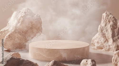 Beige rocks, round podium, soft smoke, product display, neutral backdrop