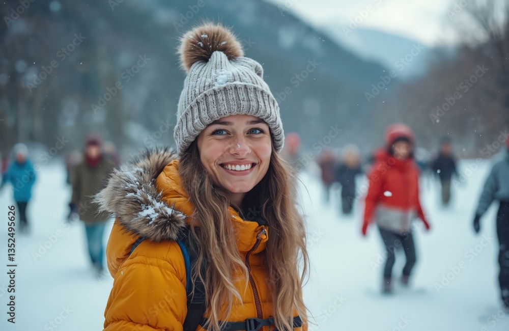 Fototapeta premium Smiling woman enjoys winter snow activity. Woman in hat laughs with snow-covered background. Other people in warm clothes walk outdoors, have fun, enjoy snowy day.