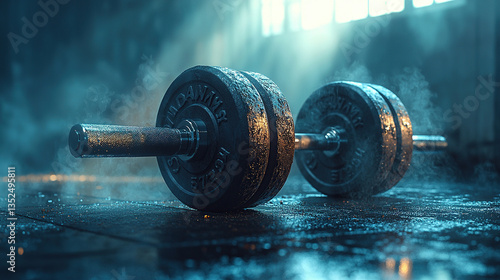 A heavy dumbbell sits ready for a workout in a moody gym, illuminated by a spotlight.