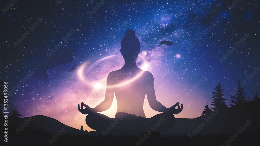 Serene Silhouette of a Meditating Figure Against a Starry Night Sky, Symbolizing Inner Peace and Cosmic Connection, with Colorful Nebulae and Natural Elements Creating a Tranquil Atmosphere Serene Silhouette of a Meditating Figure Against a Starry Night Sky, Symbolizing Inner Peace and Cosmic Connection, with Colorful Nebulae and Natural Elements Creating a Tranquil Atmosphere