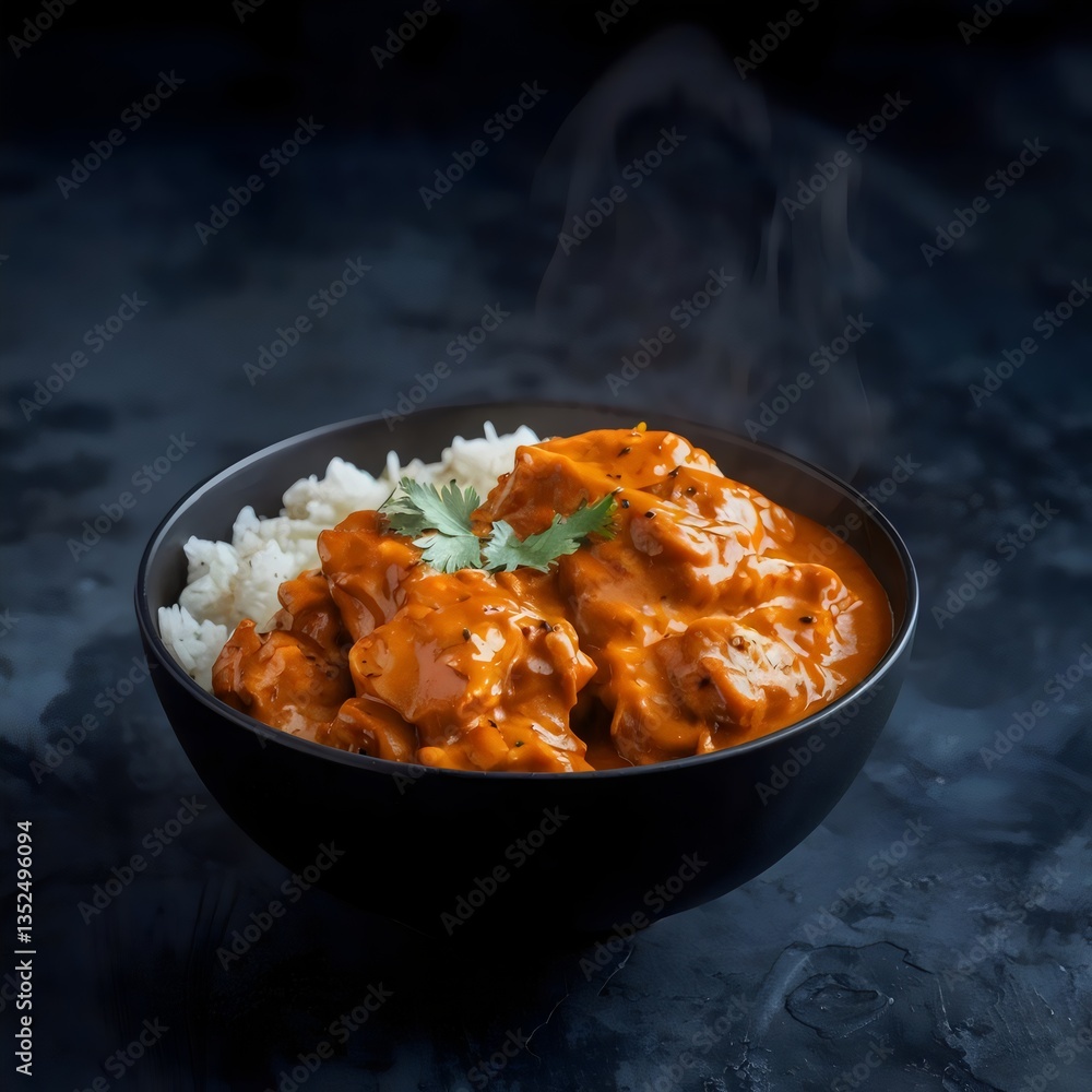 Matte black bowl with butter chicken, steam, and golden rich color Matte black bowl with butter chicken, steam, and golden rich color