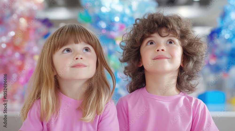 Obraz premium Two children looking upwards at art installation