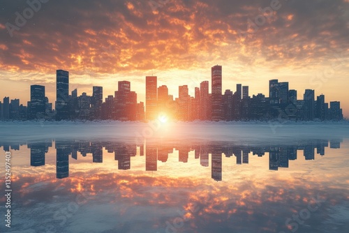 A silhouetted city skyline reflecting in tranquil water during sunset