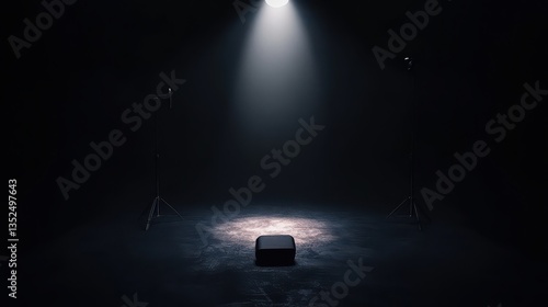 A minimalist dark studio lit by a single spotlight, with everything else in shadow, emphasizing the subject in the light and creating a powerful visual focus.