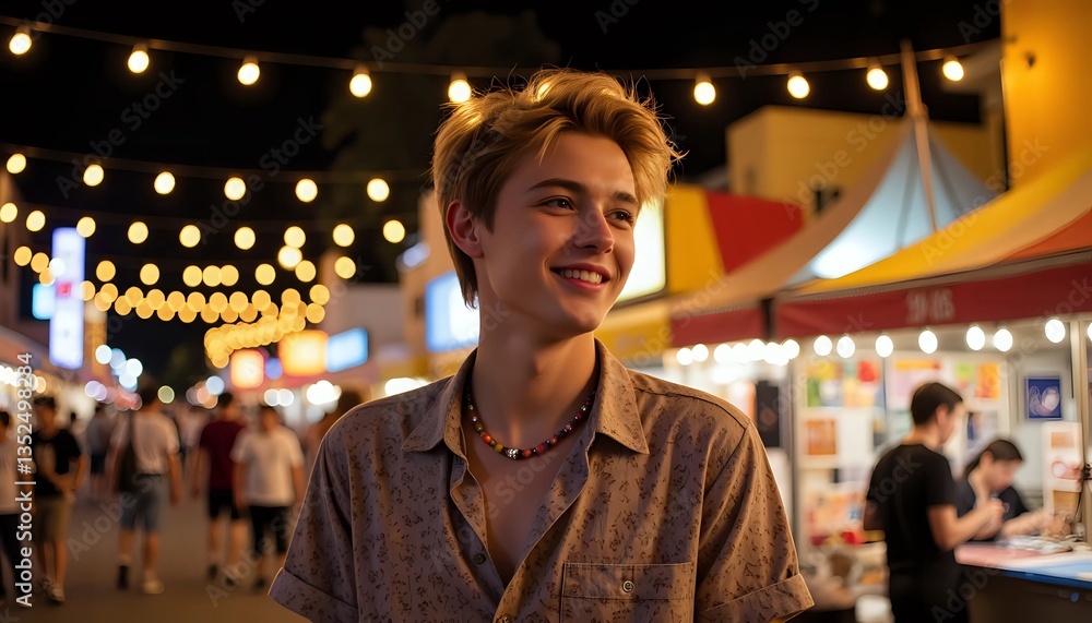 Fototapeta premium Smiling young man enjoying a vibrant night market - youthful exploration