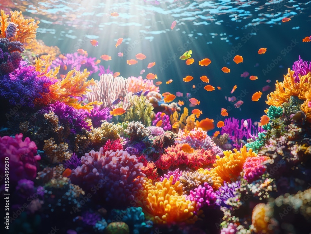 Underwater paradise teeming with vibrant coral and fish, illuminated by sunlight filtering through the ocean's surface. A serene aquatic world. Underwater paradise teeming with vibrant coral and fish, illuminated by sunlight filtering through the ocean's surface. A serene aquatic world.