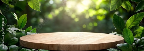 A natural wooden 3D podium with a smooth, polished surface, surrounded by lush green foliage and soft morning light