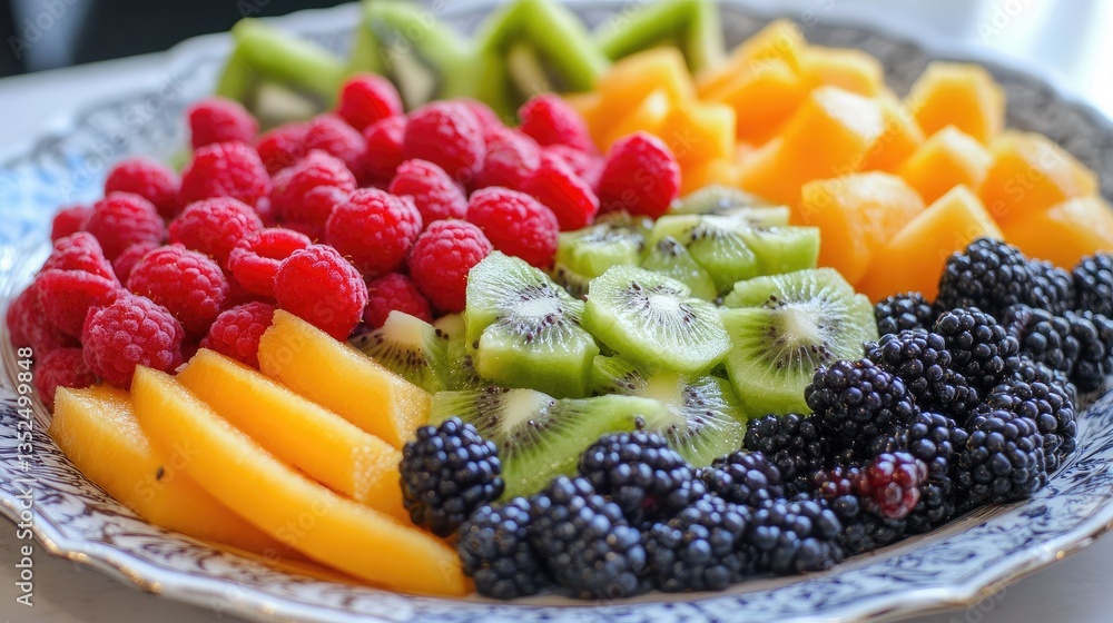 A colorful fruit platter with berries, kiwi, and melon. A colorful fruit platter with berries, kiwi, and melon.