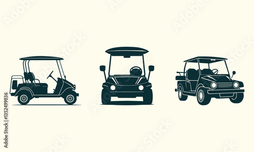 Golf car icon set vector, Silhouettes of Golf Cars in Front, Side, and Angled Profiles, Golf field electric vehicle.
