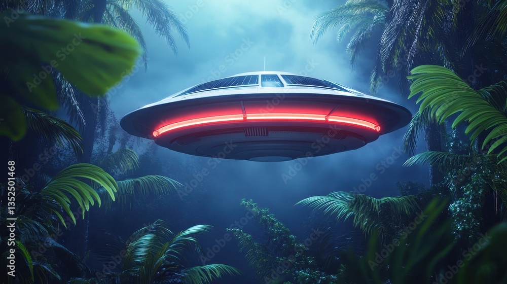 A futuristic flying saucer hovers above a lush tropical landscape A futuristic flying saucer hovers above a lush tropical landscape