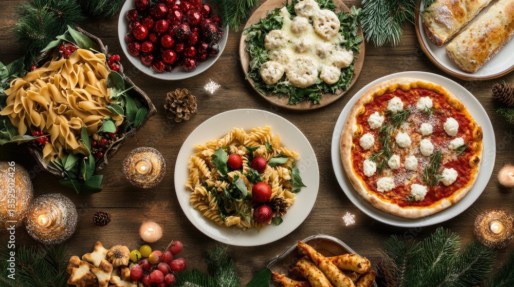 A festive dinner table with different pasta dishes, pizza, and a variety of side dishes. A festive dinner table with different pasta dishes, pizza, and a variety of side dishes.