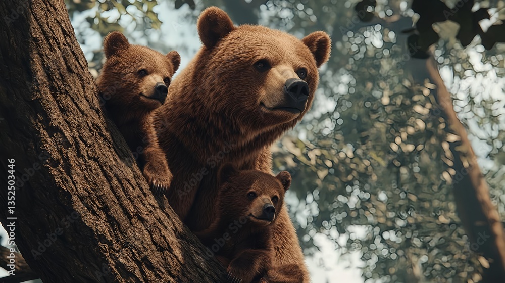 Obraz premium Brown Bear with Cubs Climbing a Tree in a Natural Landscape