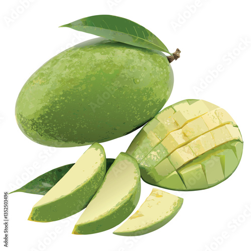 Fresh green mango fruit with leaves isolated on a white background