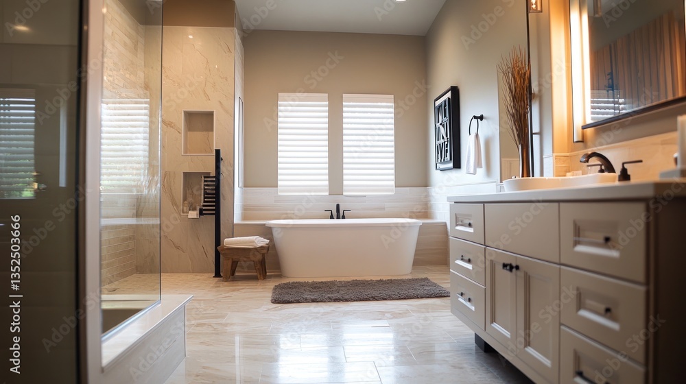 Interior of a bathroom with a minimalist design, showcasing a modern, sleek layout that includes high-quality fixtures and a calming color palette. Interior of a bathroom with a minimalist design, showcasing a modern, sleek layout that includes high-quality fixtures and a calming color palette.