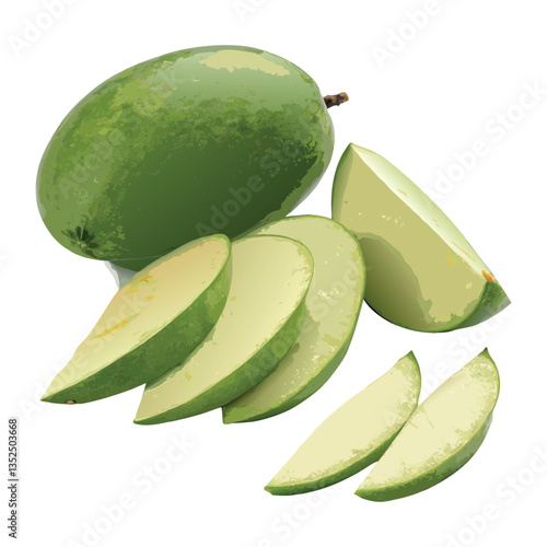 Fresh green mango fruit with leaves isolated on a white background, Green mango with slices on white background  