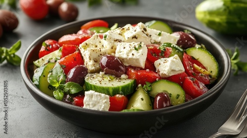A fresh Greek salad with feta cheese, olives, and cucumber.