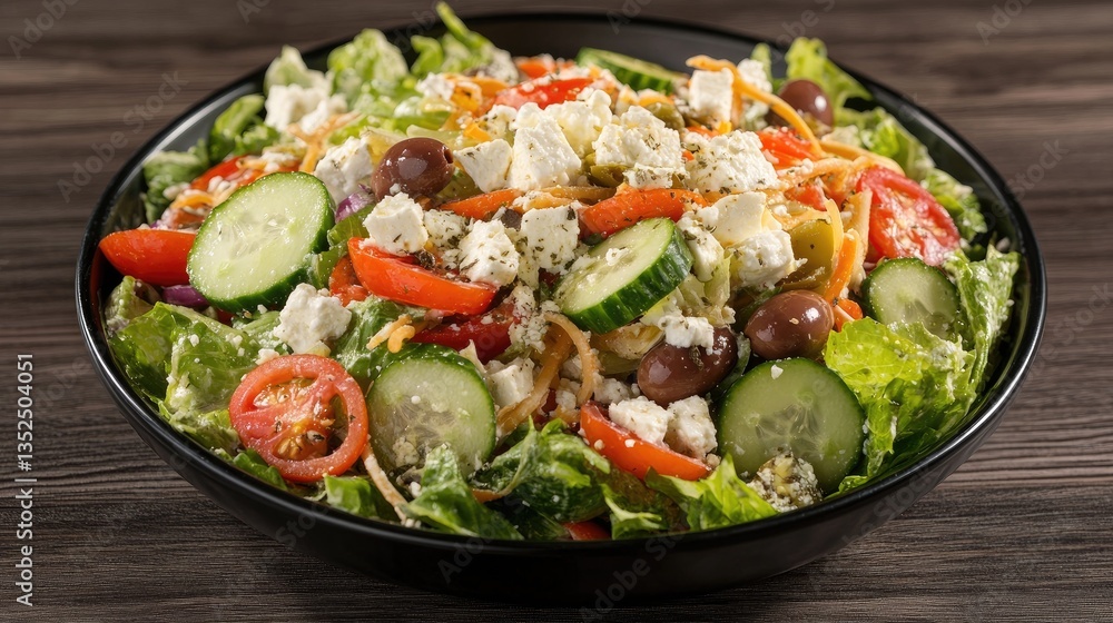 A fresh Greek salad with feta cheese, olives, and cucumber. A fresh Greek salad with feta cheese, olives, and cucumber.