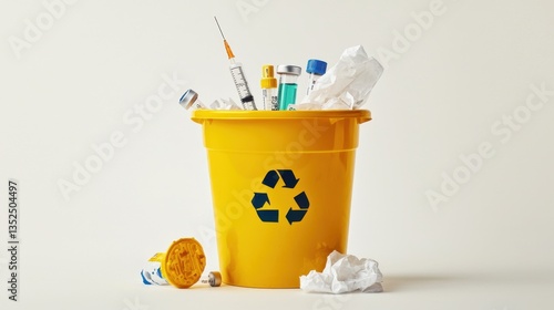 Fotografía Yellow waste disposal bucket filled with medical items and recyclable materials