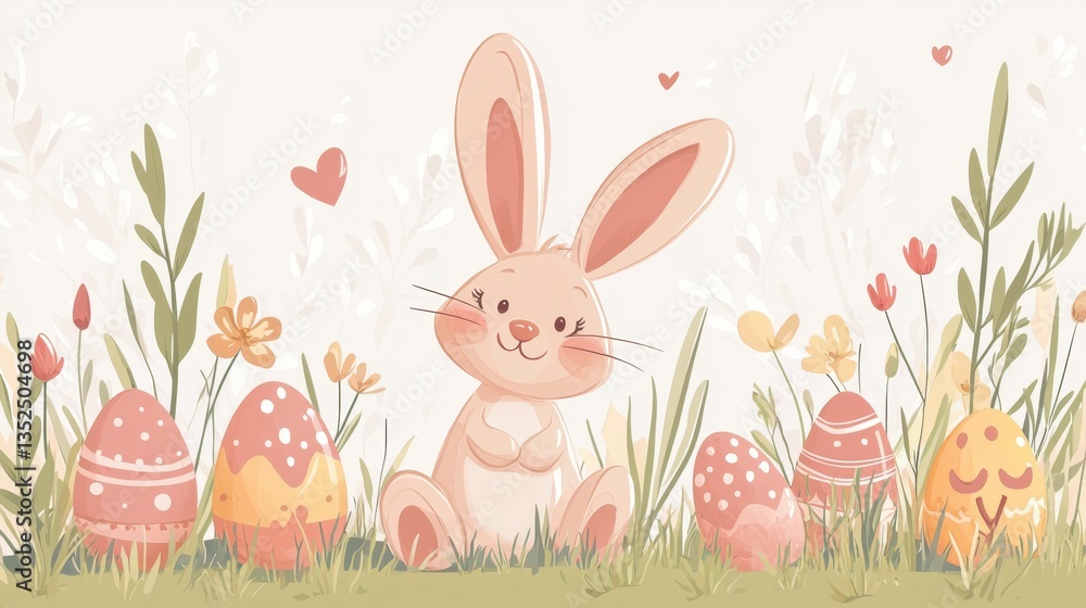 Obraz premium Cute bunny surrounded by decorated Easter eggs and flowers in a serene garden setting celebrating springtime joy