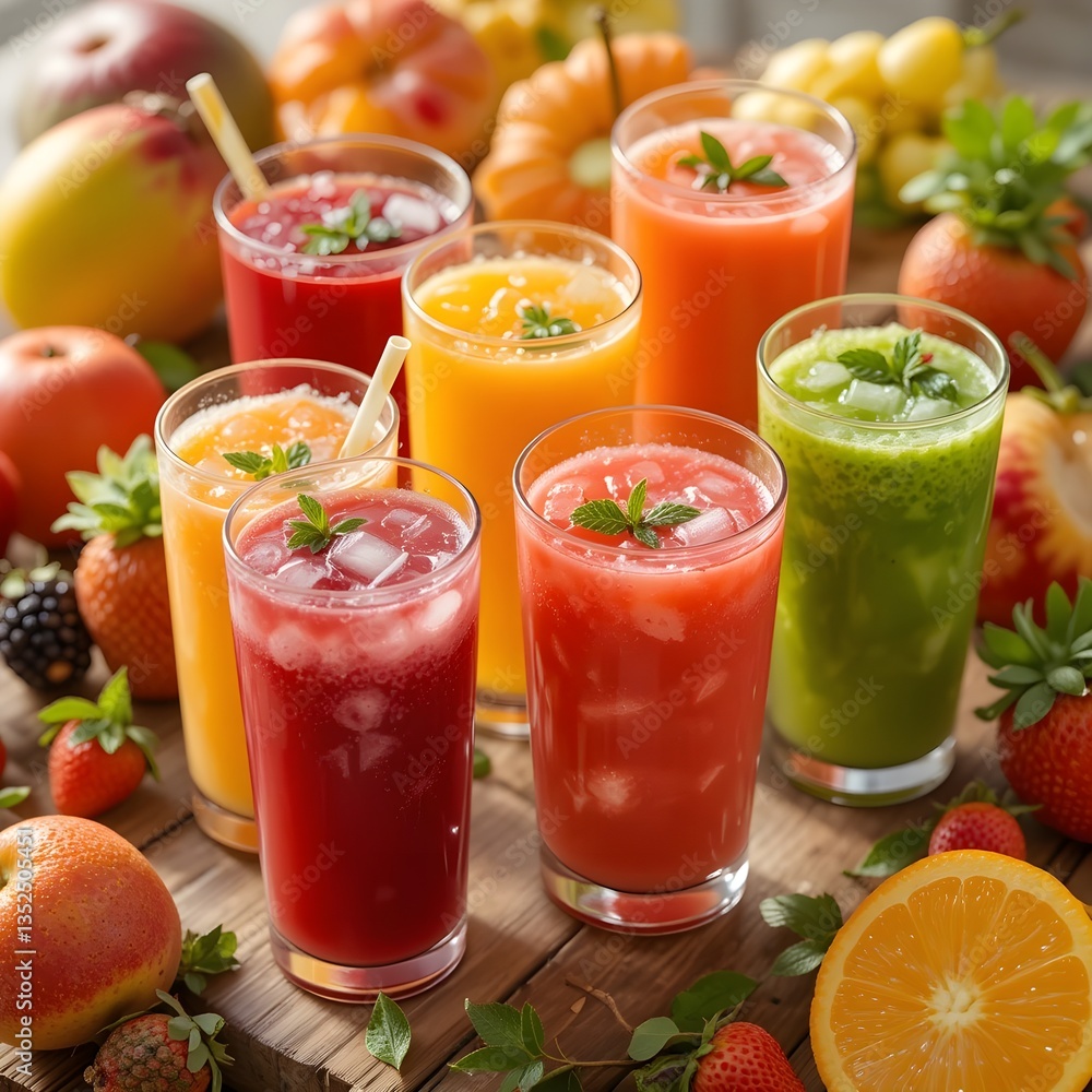 A vibrant assortment of fresh fruit juices in colorful glasses on a wooden table, surrounded by whole fruits, bright natural lighting A vibrant assortment of fresh fruit juices in colorful glasses on a wooden table, surrounded by whole fruits, bright natural lighting