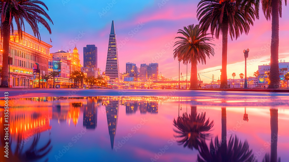 Obraz premium San Francisco sunset city skyline reflection, waterfront palm trees, vibrant colors, travel postcard