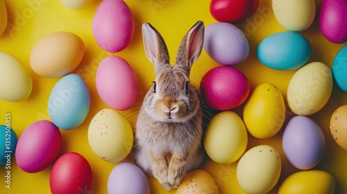 Cute rabbit surrounded by colorful Easter eggs on a bright yellow background