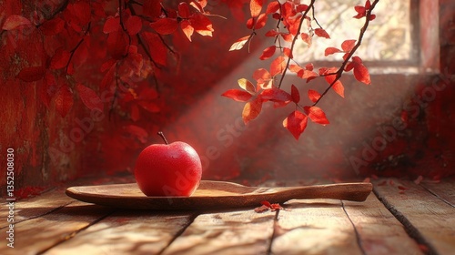 Autumnal Red Apple on Wooden Tray photo